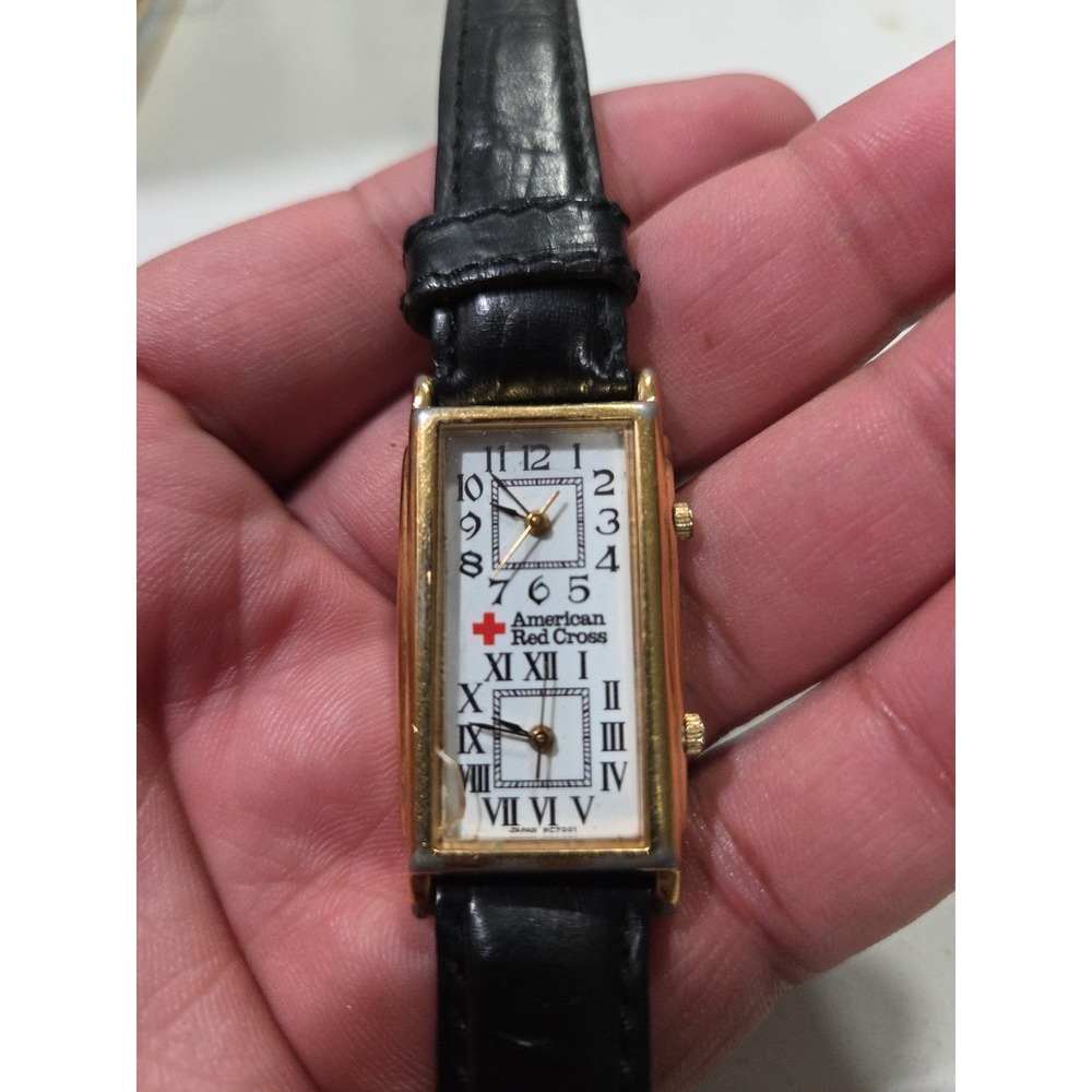 American Red Cross Dual Time Watch Black Leather Band Gold Case Japan Mens